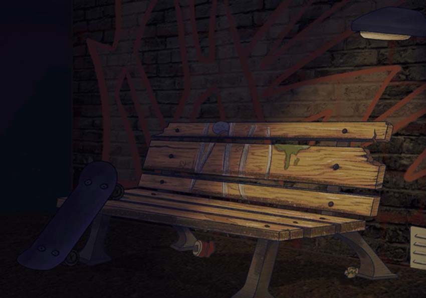 Un banc de fusta i un monopatí